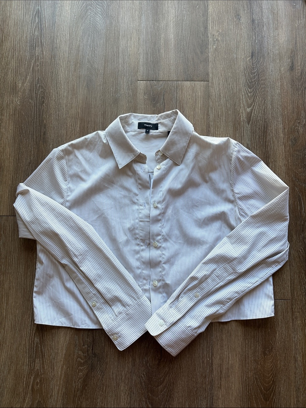 Theory Cropped Button-Down Shirt in White with Pinstripes